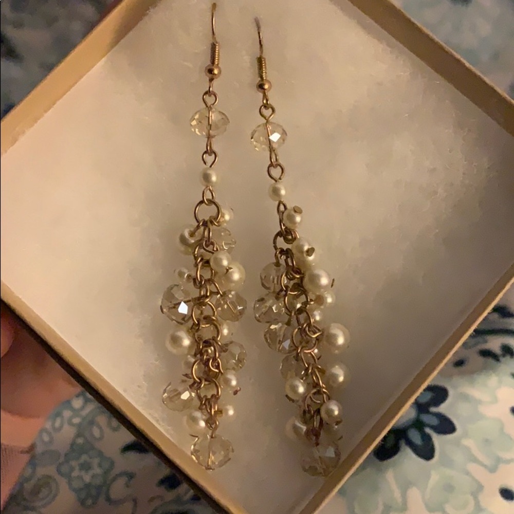 Gold Pearl Clear Bead Grape Drop Earrings